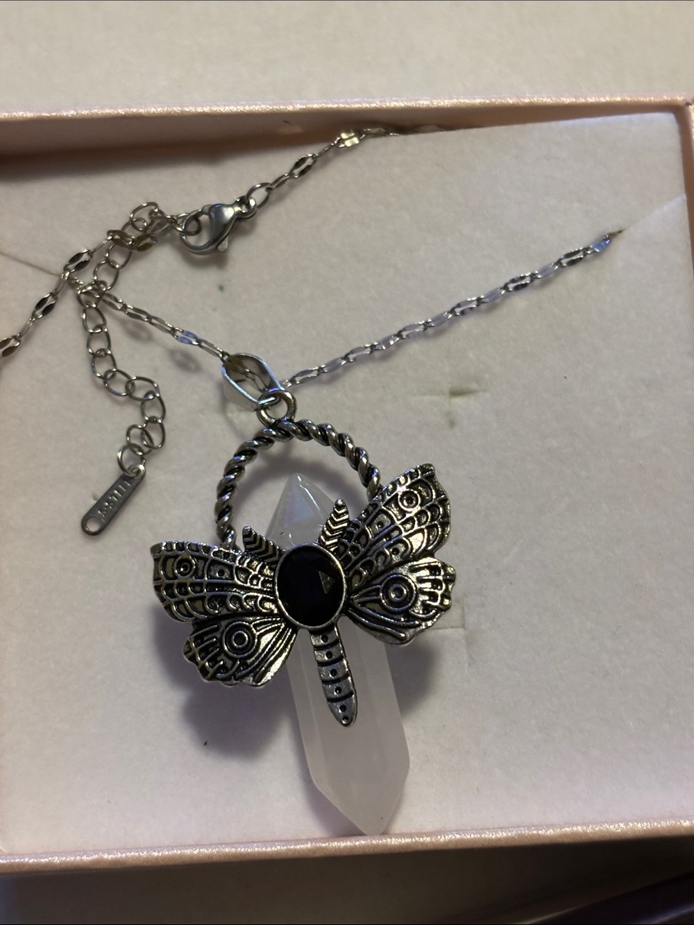 Silver Dragonfly Pendant Necklace with Clear Crystal and Black Accent
